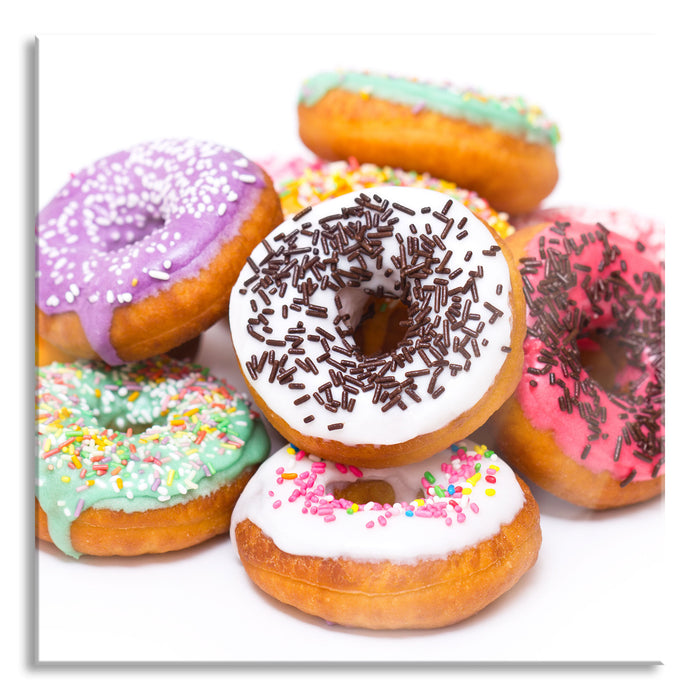 Pixxprint Leckere bunte Donuts, Glasbild Quadratisch