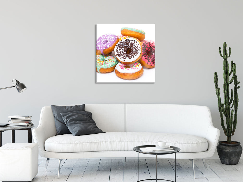 Leckere bunte Donuts, Glasbild Quadratisch