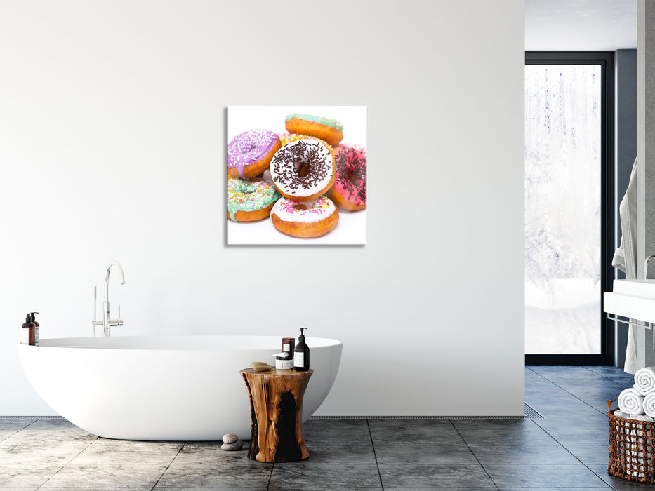 Leckere bunte Donuts, Glasbild Quadratisch