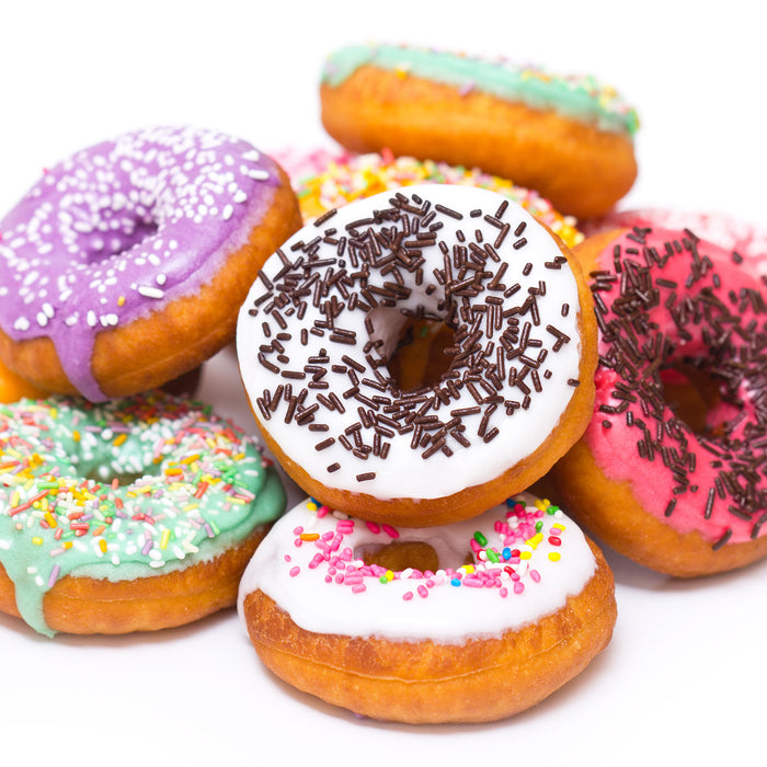 Leckere bunte Donuts, Glasbild Quadratisch