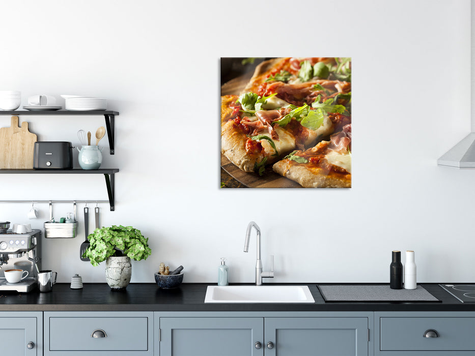 Köstliche italienische Pizza, Glasbild Quadratisch