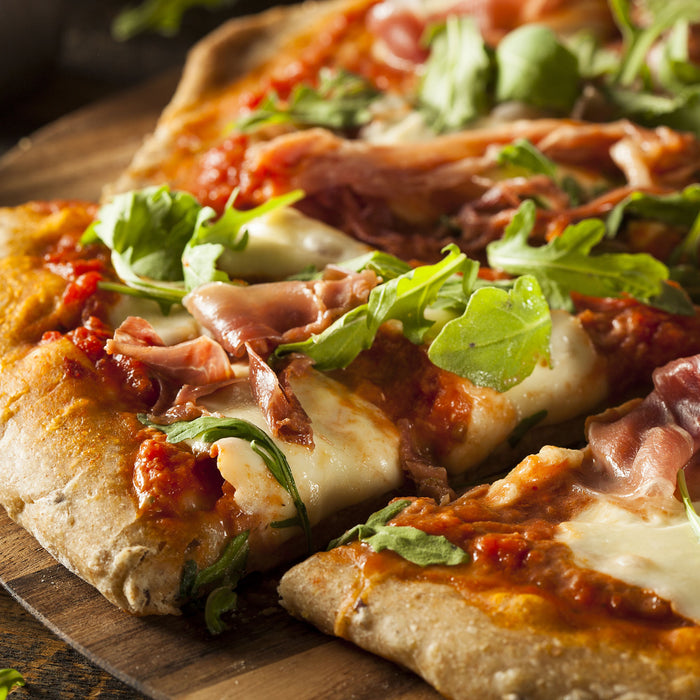 Köstliche italienische Pizza, Glasbild Quadratisch