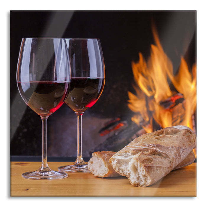 Pixxprint Zwei Gläser Wein mit Baguette, Glasbild Quadratisch