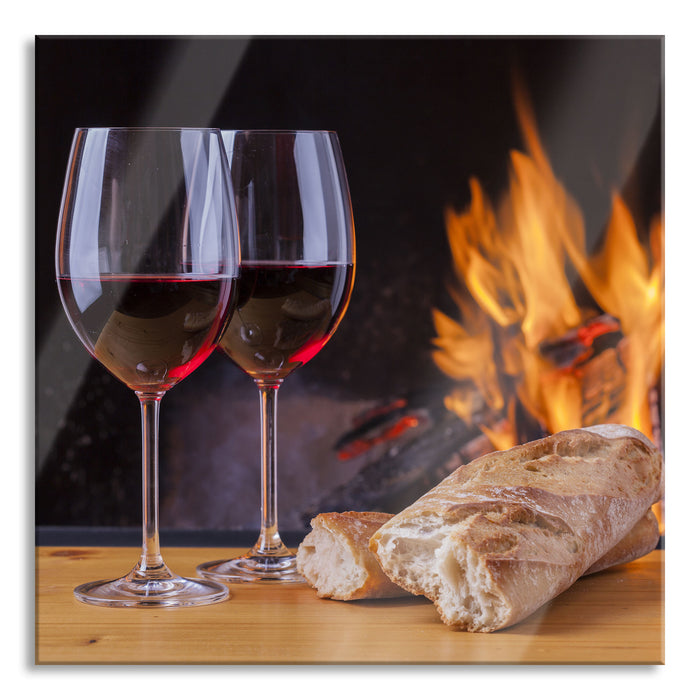 Pixxprint Zwei Gläser Wein mit Baguette, Glasbild Quadratisch