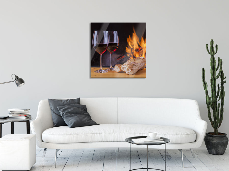 Zwei Gläser Wein mit Baguette, Glasbild Quadratisch