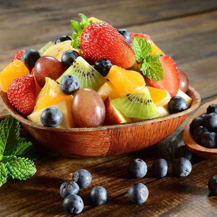 Schale voll mit frischem Obst, Glasbild Quadratisch