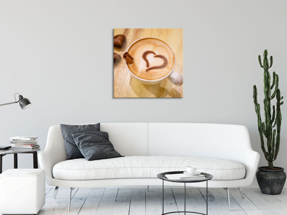 Leckerer Cappucino mit Herz, Glasbild Quadratisch
