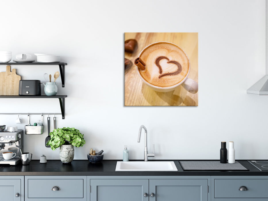 Leckerer Cappucino mit Herz, Glasbild Quadratisch