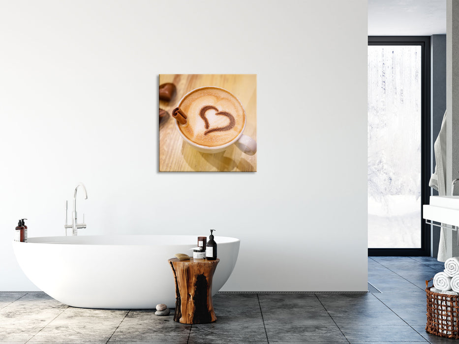 Leckerer Cappucino mit Herz, Glasbild Quadratisch