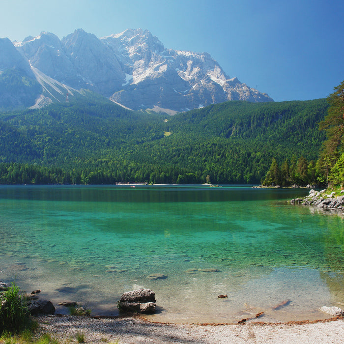 Atemberaubender Bergsee, Glasbild Quadratisch