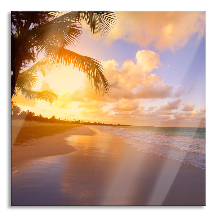 Pixxprint Strand bei Sonnenuntergang, Glasbild Quadratisch