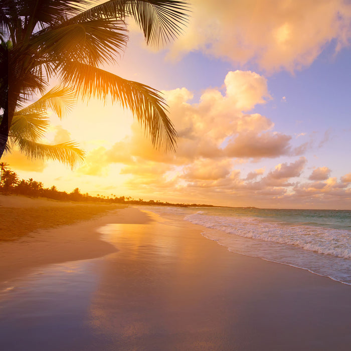 Strand bei Sonnenuntergang, Glasbild Quadratisch