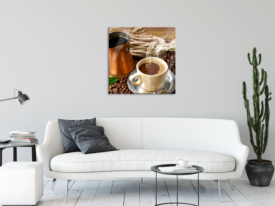 Frisch Kaffee mit Kaffeebohnen, Glasbild Quadratisch