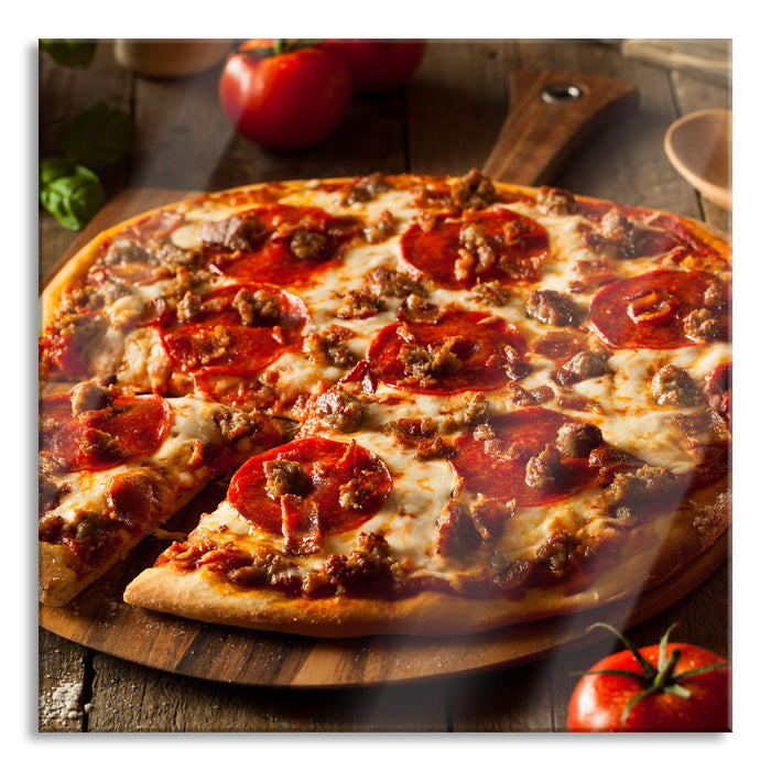 Pixxprint Pizza mit Salami und Tomaten, Glasbild Quadratisch