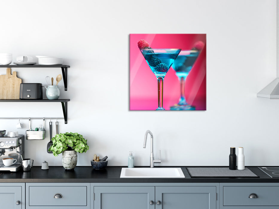 Cocktails mit Himbeeren, Glasbild Quadratisch