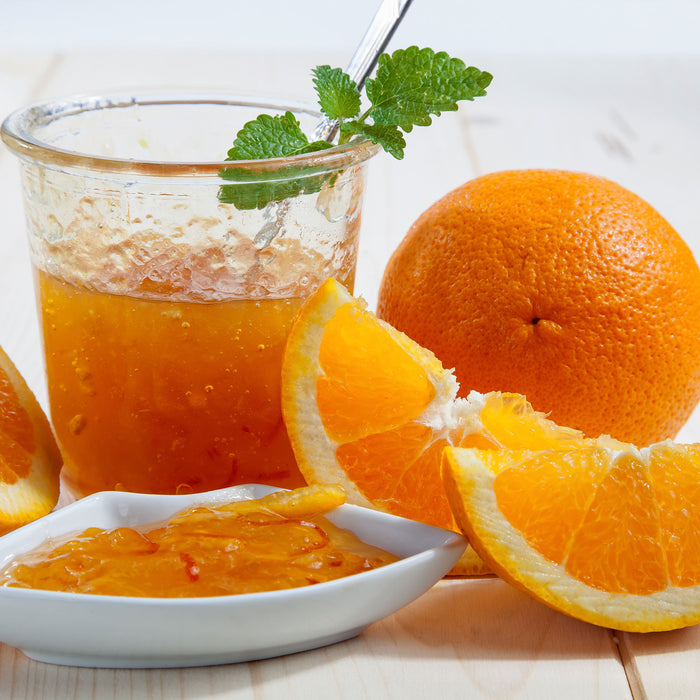 Frische Orangenmarmelade, Glasbild Quadratisch