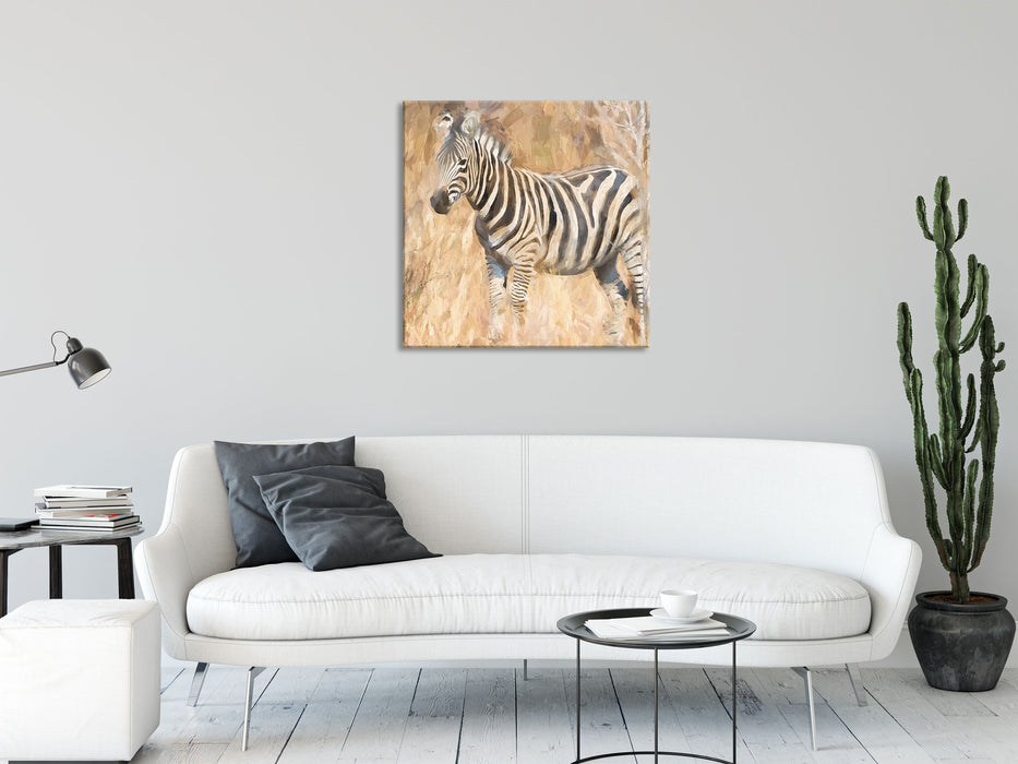 Anmutiges Zebra in Savanne, Glasbild Quadratisch