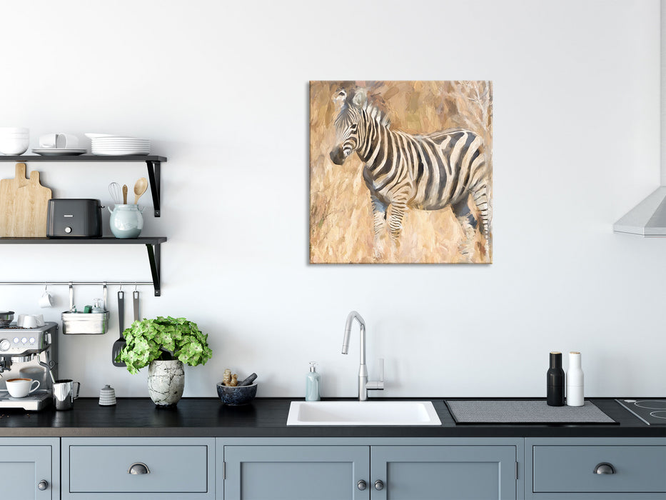 Anmutiges Zebra in Savanne, Glasbild Quadratisch