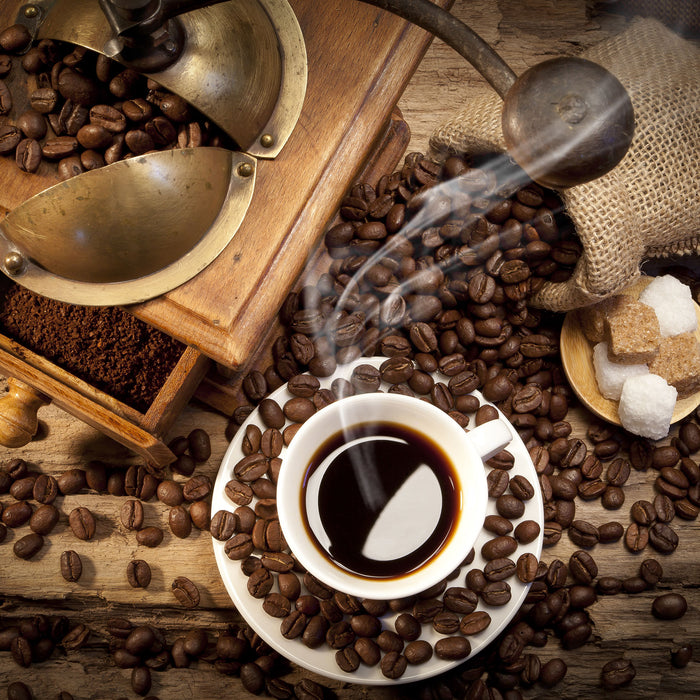 Kaffee mit Kaffeemühle, Glasbild Quadratisch