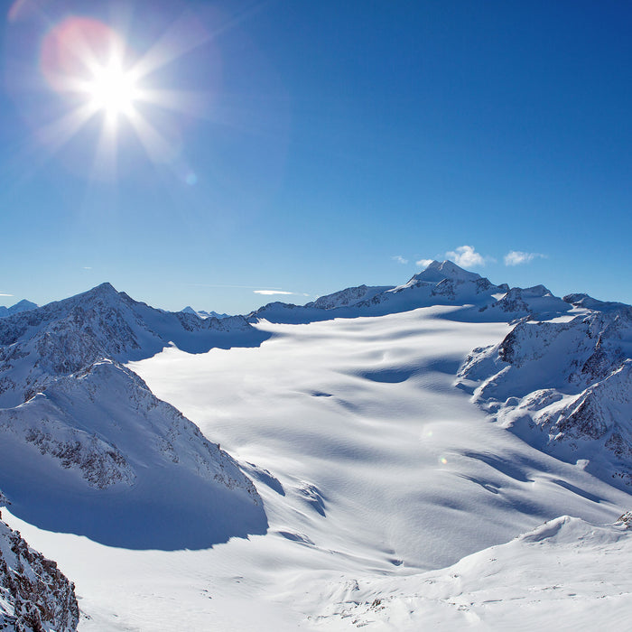 Atemberaubende Winterlandschaft, Glasbild Quadratisch