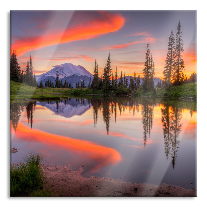 Sonnenaufgang Berglandschaft, Glasbild Quadratisch