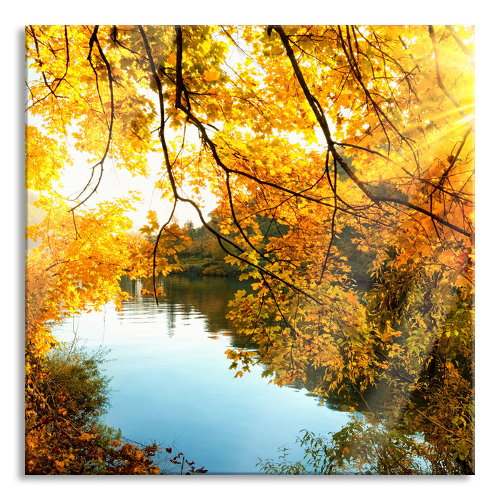 Landschaft mit See und Bäumen, Glasbild Quadratisch