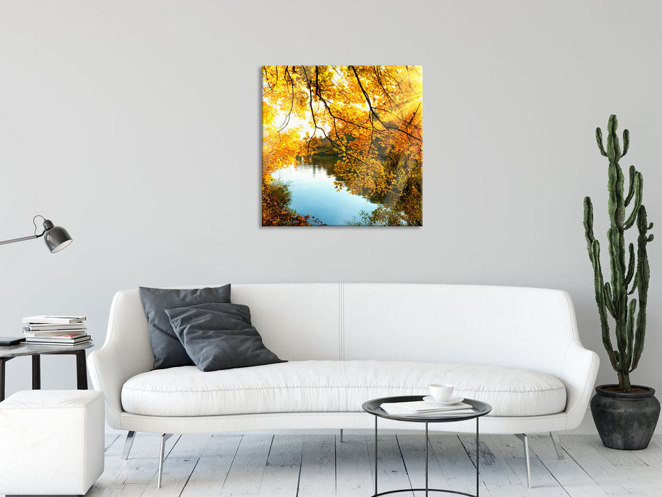 Landschaft mit See und Bäumen, Glasbild Quadratisch