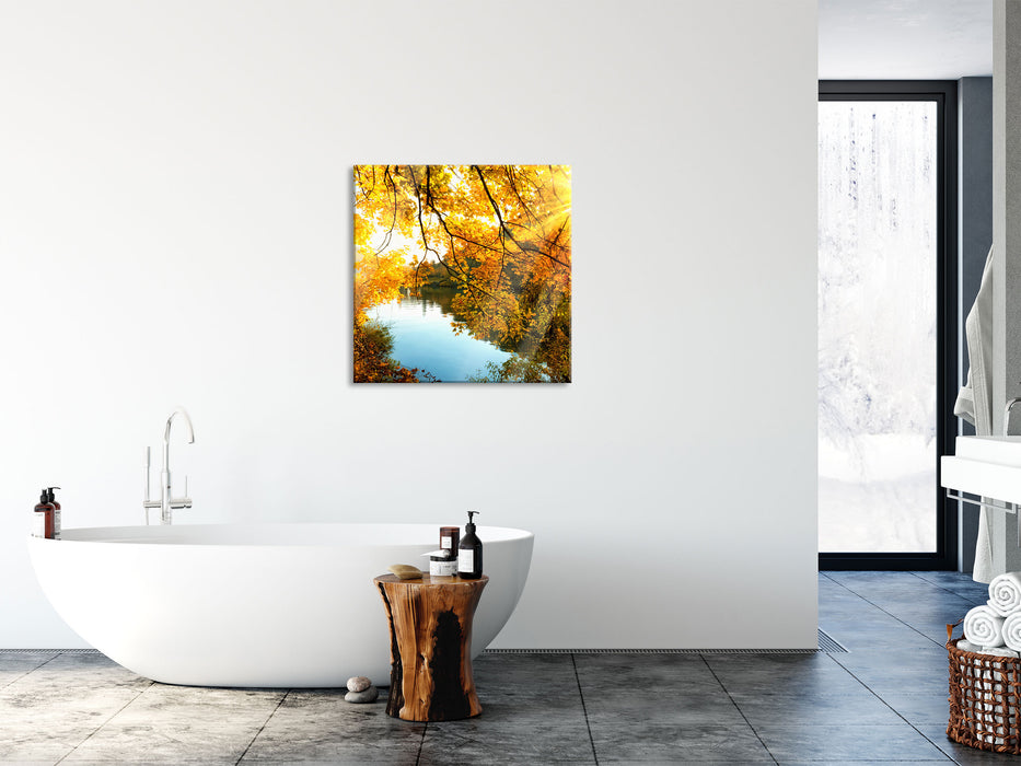 Landschaft mit See und Bäumen, Glasbild Quadratisch