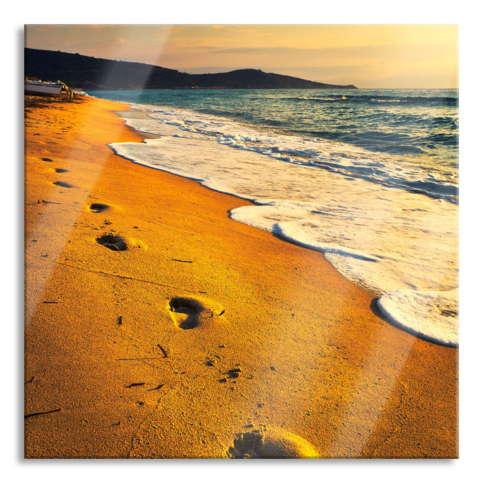 Fußabdrücke im Strand, Glasbild Quadratisch