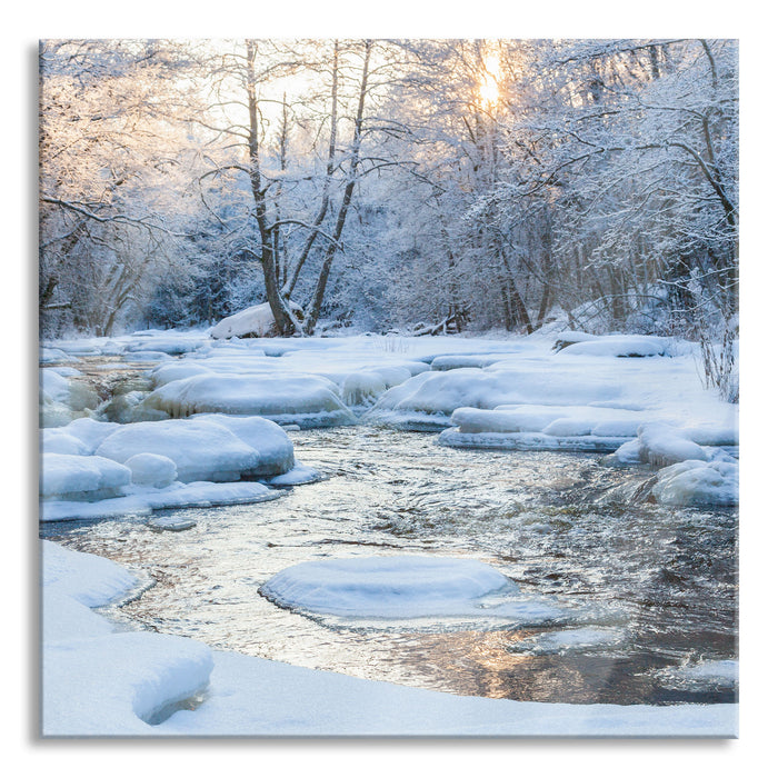 Pixxprint Bach in Winterlandschaft, Glasbild Quadratisch