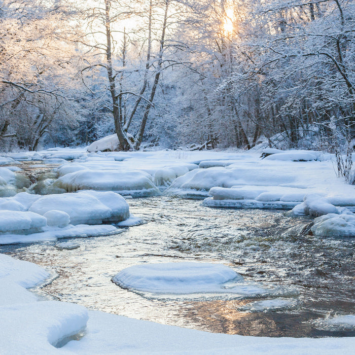 Bach in Winterlandschaft, Glasbild Quadratisch