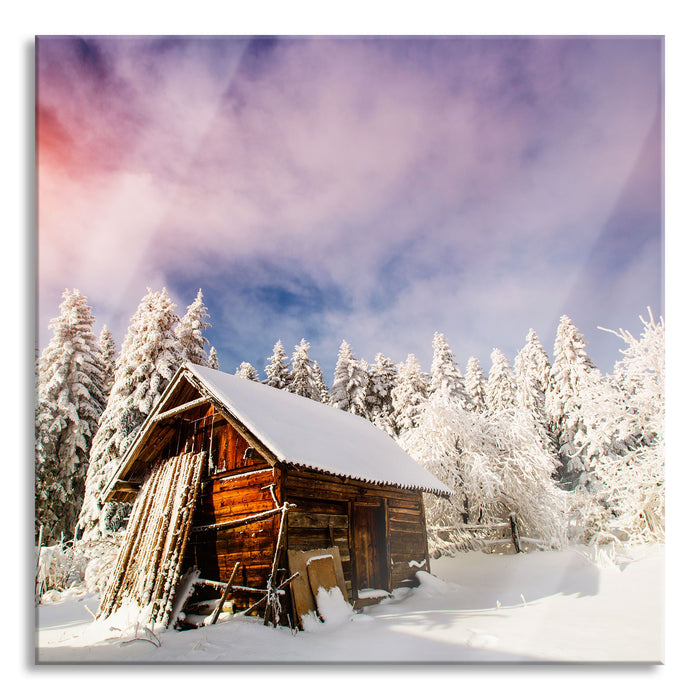 Pixxprint Holzhütte im Schnee, Glasbild Quadratisch