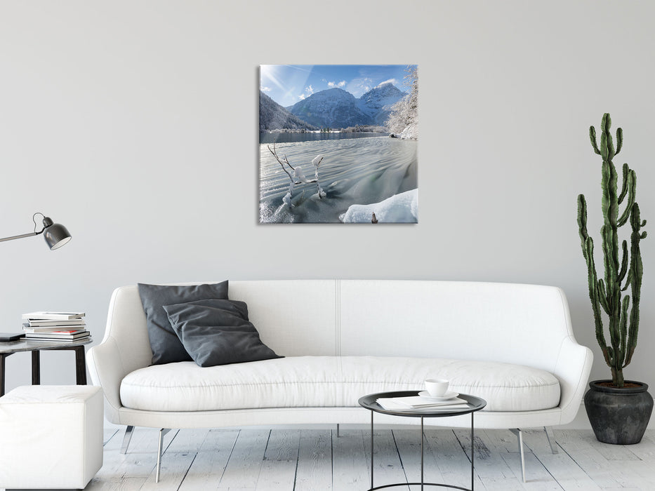 Winterlandschaft See, Glasbild Quadratisch