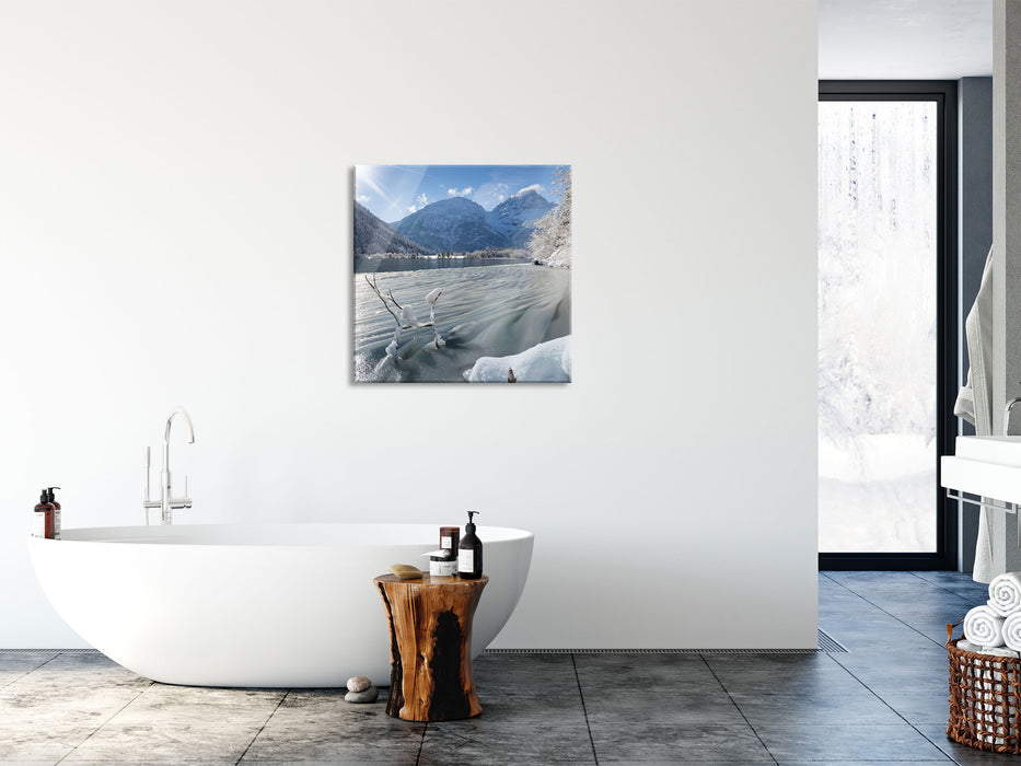 Winterlandschaft See, Glasbild Quadratisch