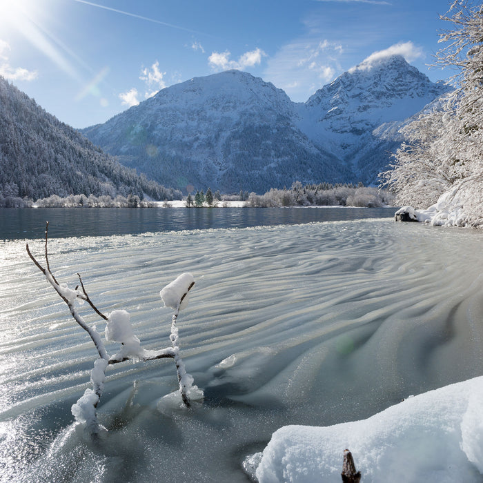 Winterlandschaft See, Glasbild Quadratisch