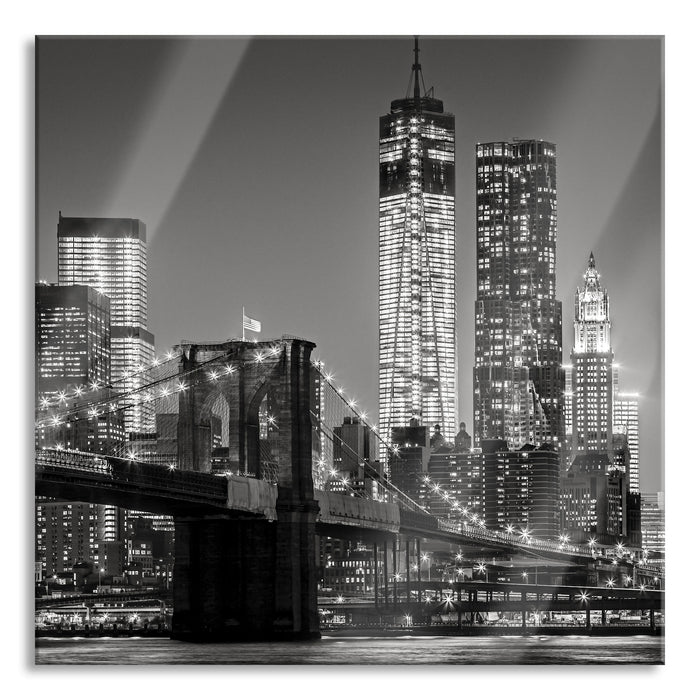 Pixxprint New York City Skyline bei Nacht, Glasbild Quadratisch