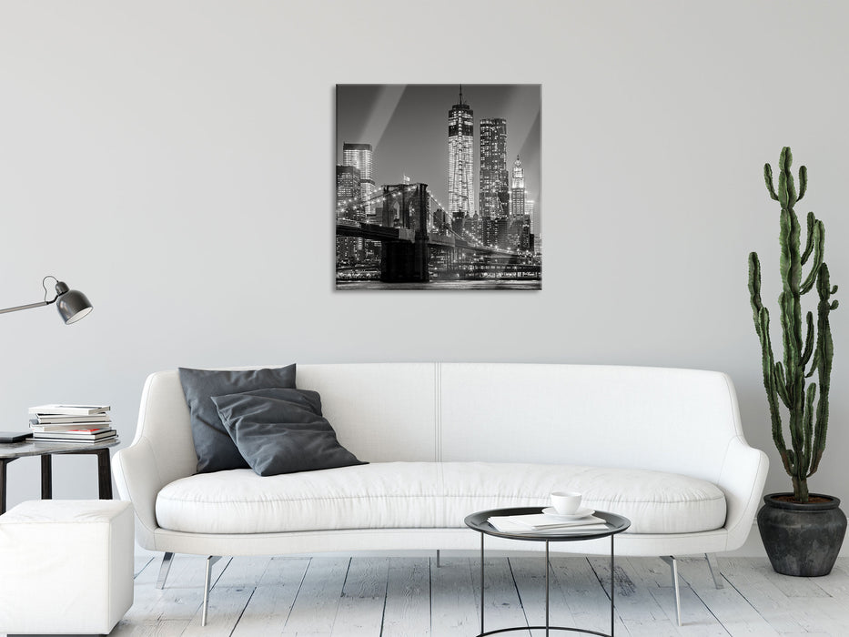 New York City Skyline bei Nacht, Glasbild Quadratisch