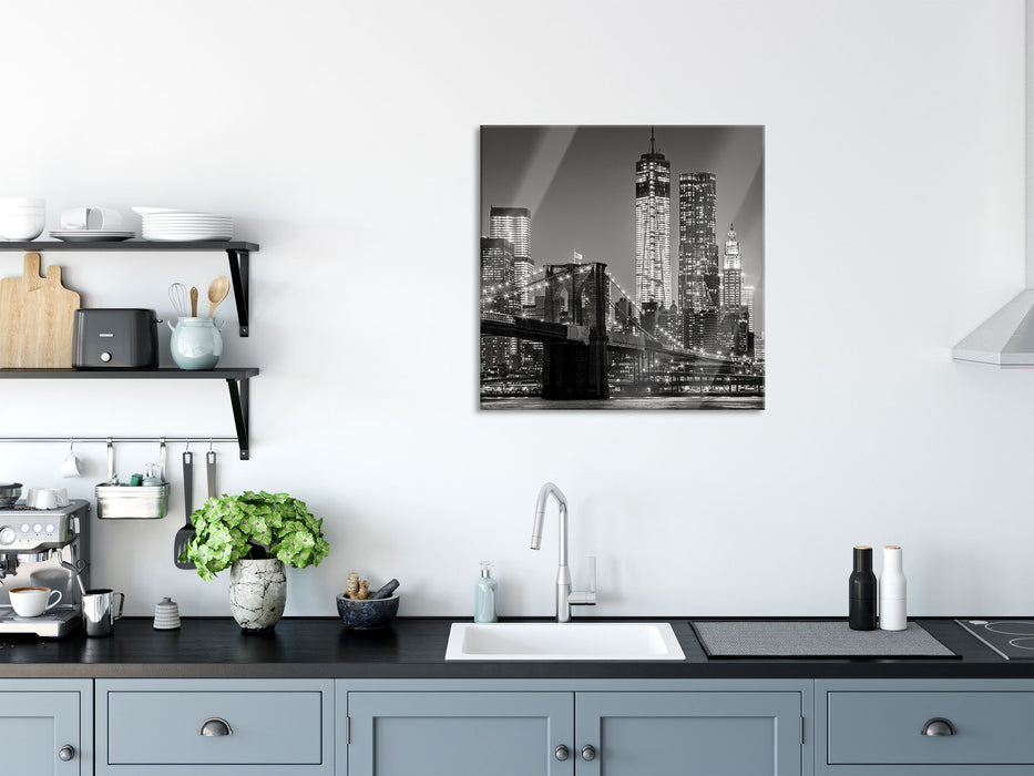 New York City Skyline bei Nacht, Glasbild Quadratisch