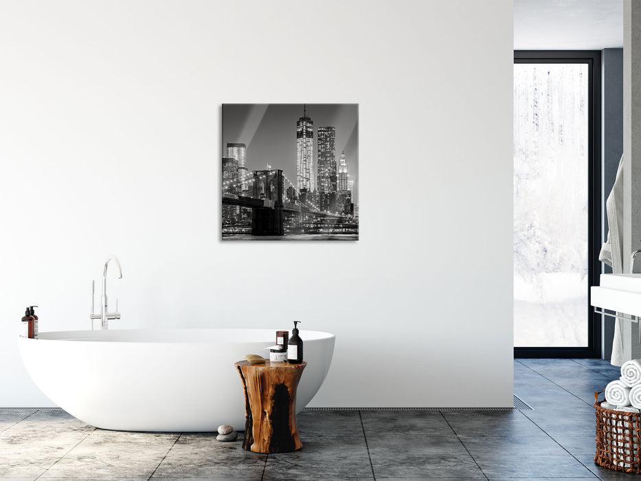 New York City Skyline bei Nacht, Glasbild Quadratisch