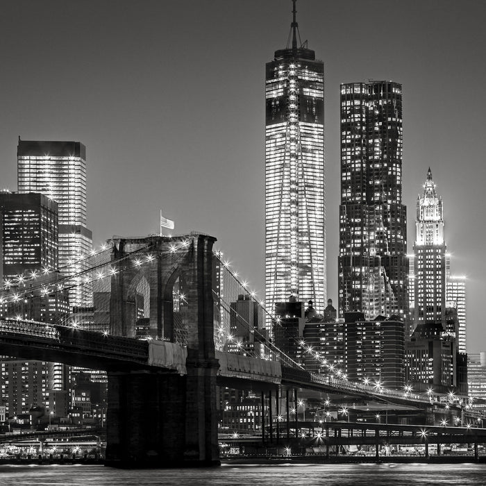 New York City Skyline bei Nacht, Glasbild Quadratisch