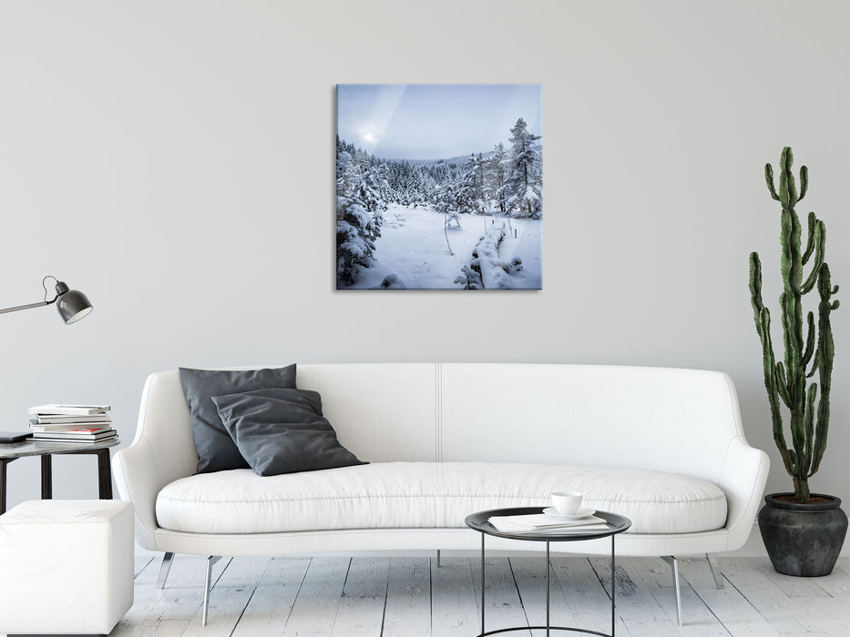 Winterlandschaft vereister See, Glasbild Quadratisch