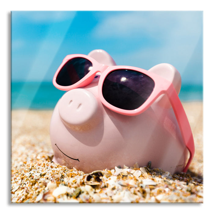 Pixxprint Schweinchen am Strand, Glasbild Quadratisch