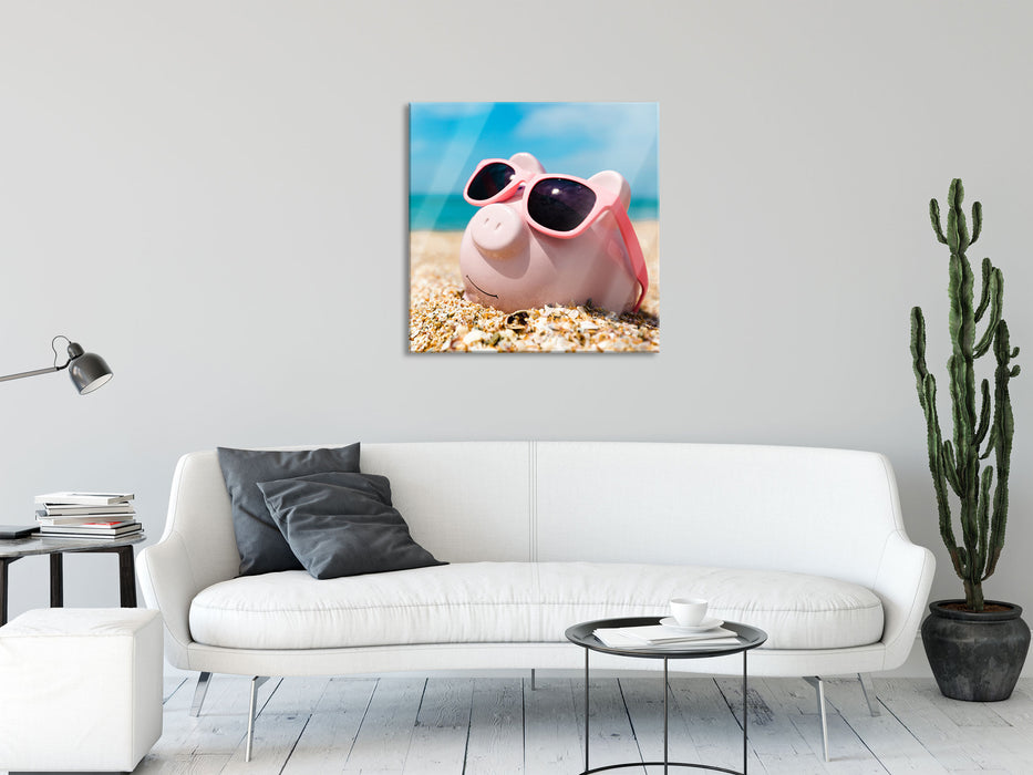 Schweinchen am Strand, Glasbild Quadratisch