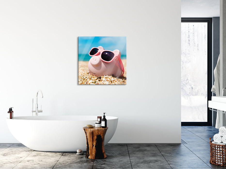 Schweinchen am Strand, Glasbild Quadratisch