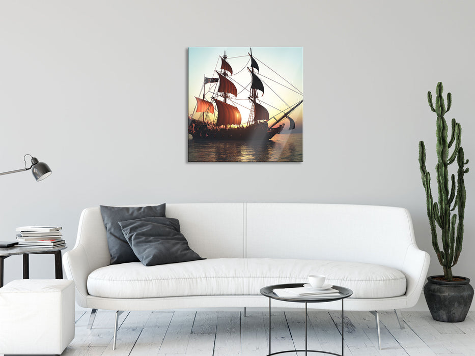 Altes Segelschiff, Glasbild Quadratisch
