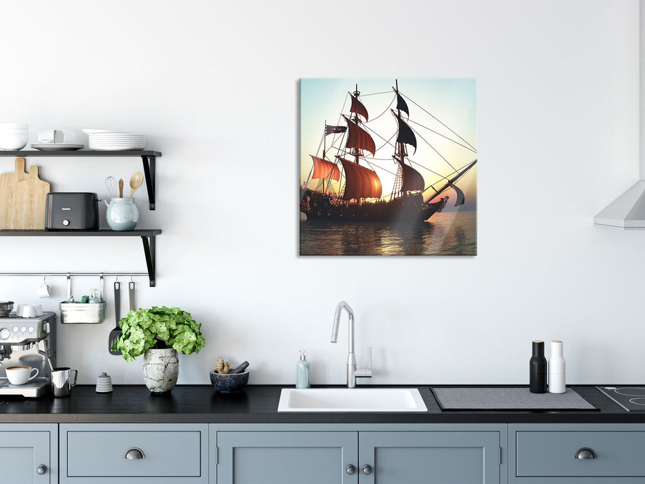 Altes Segelschiff, Glasbild Quadratisch