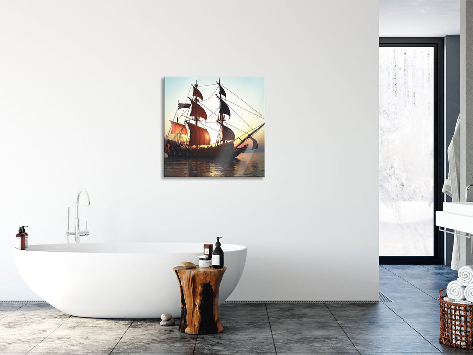 Altes Segelschiff, Glasbild Quadratisch