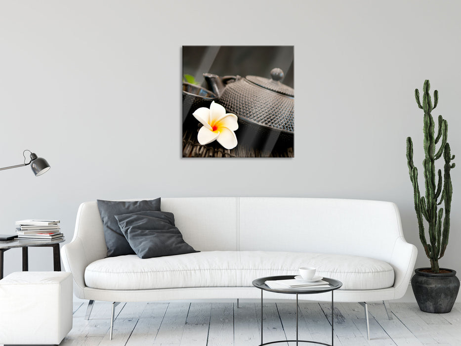 Teekanne mit Kräutern, Glasbild Quadratisch