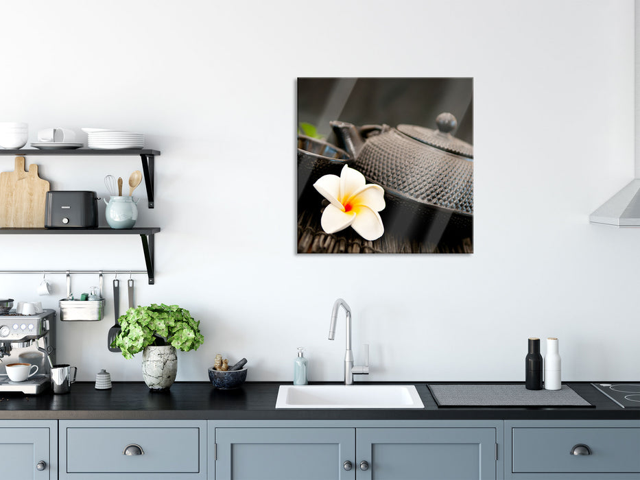 Teekanne mit Kräutern, Glasbild Quadratisch