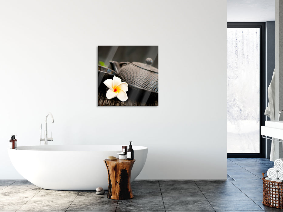 Teekanne mit Kräutern, Glasbild Quadratisch